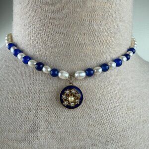 Freshwater Pearl & Lapis Blue Stone Bead Necklace w/ Pendant 15"